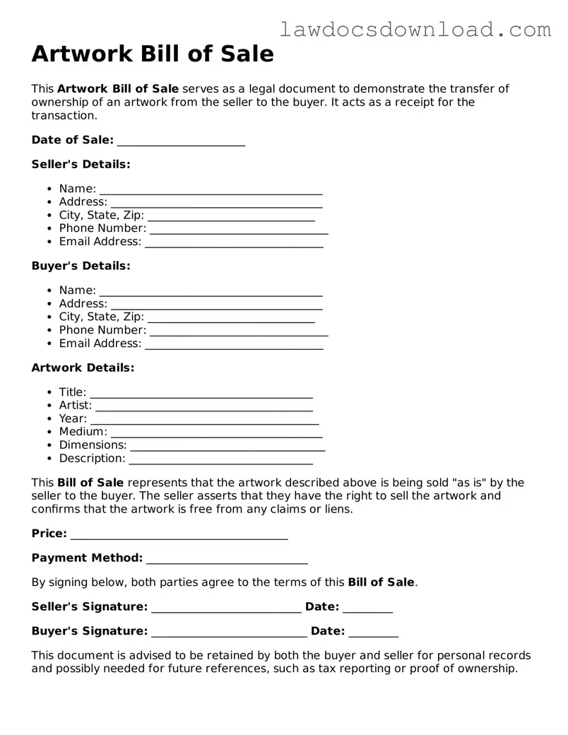 Blank Artwork Bill of Sale Template