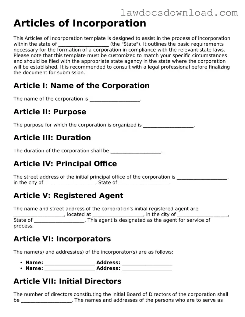 Blank Articles of Incorporation Template