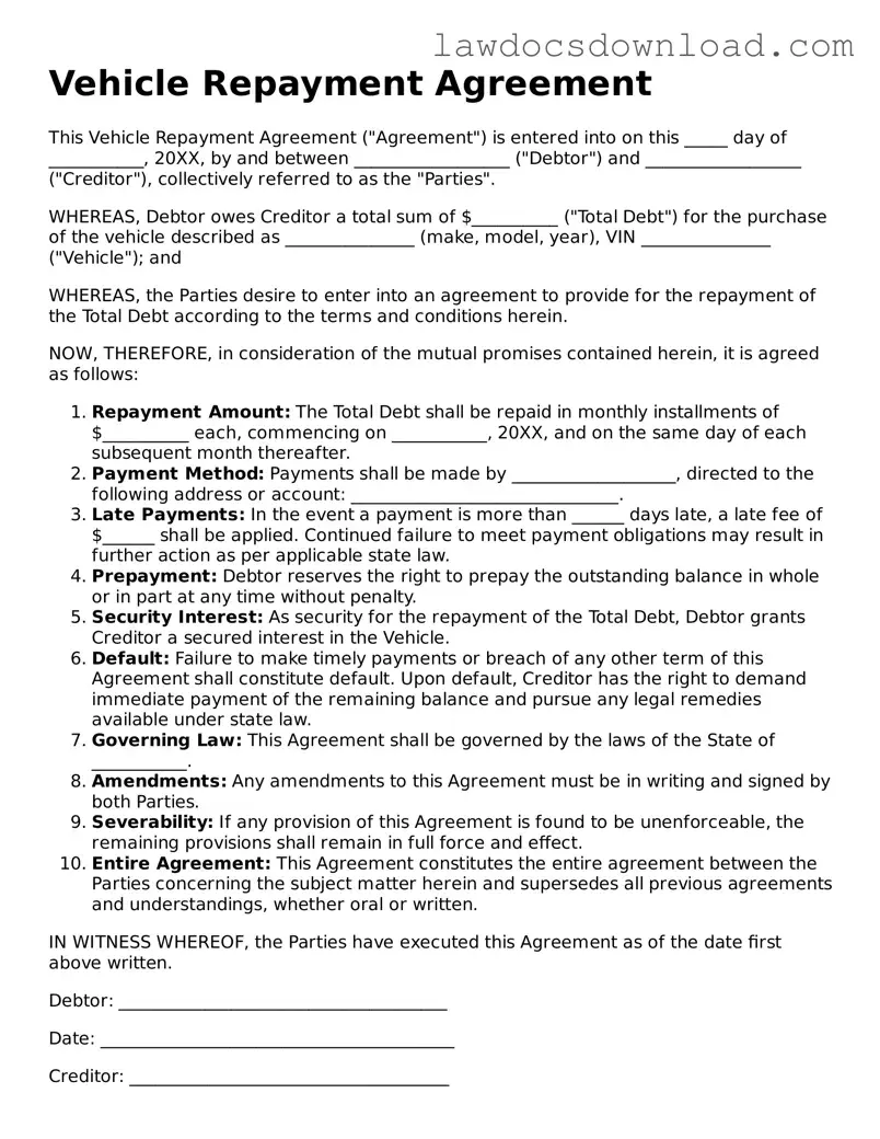 Blank Vehicle Repayment Agreement Template