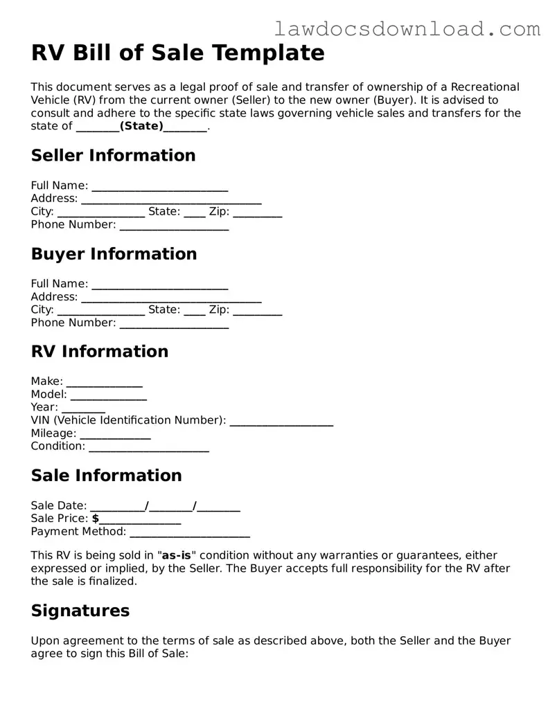 Blank RV Bill of Sale Template
