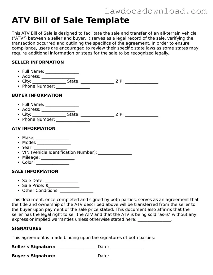 Blank ATV Bill of Sale Template