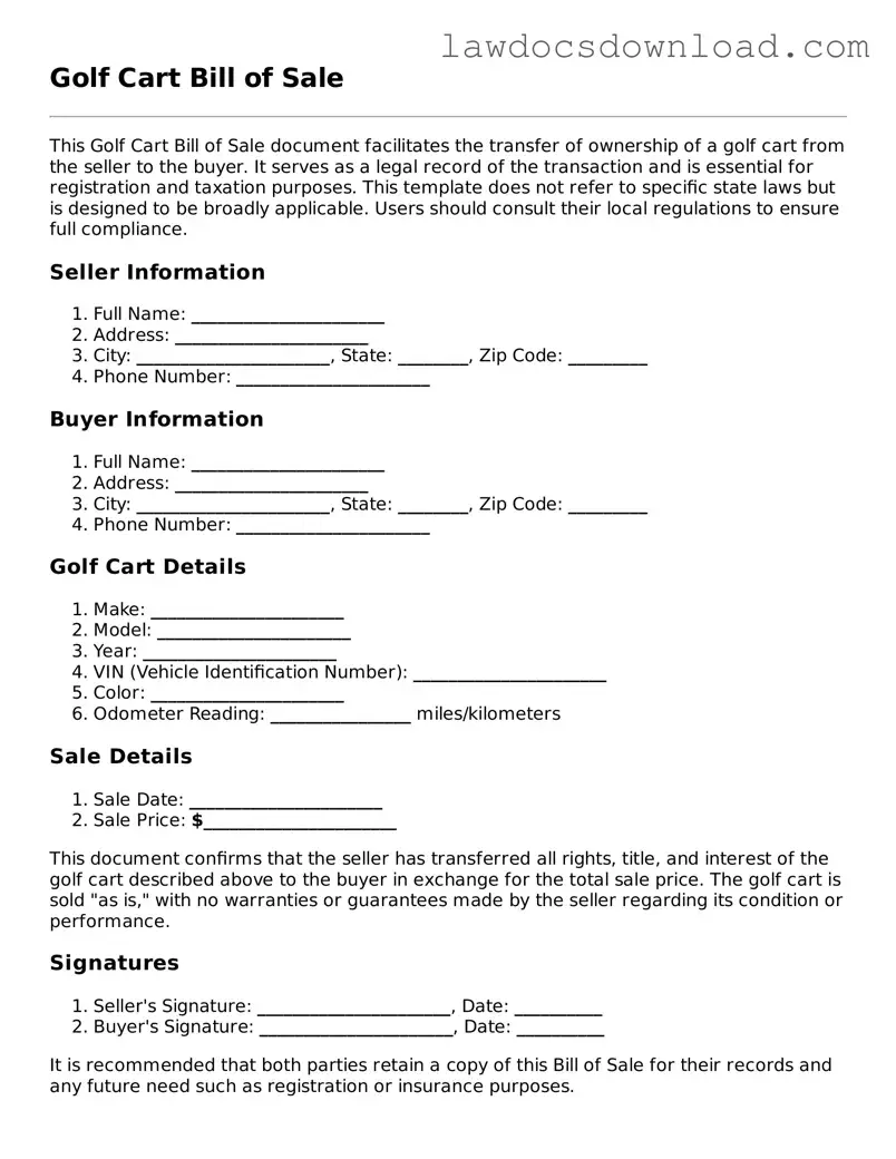 Blank Golf Cart Bill of Sale Template