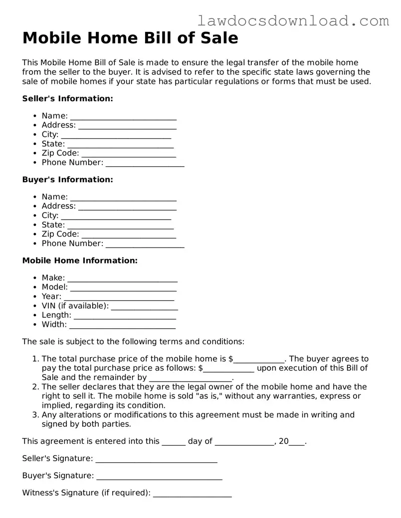 Blank Mobile Home Bill of Sale Template