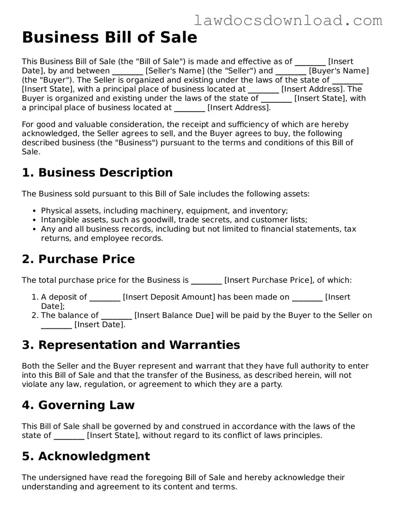 Blank Business Bill of Sale Template