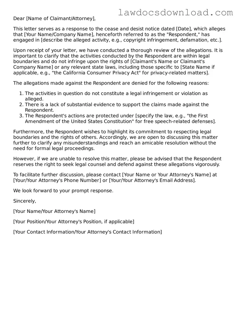 Blank Response to a Cease and Desist Letter Template