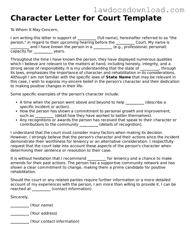 Blank Character Letter for Court Template