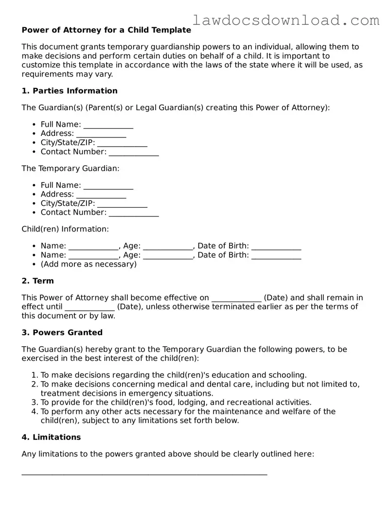 Blank Power of Attorney for a Child Template
