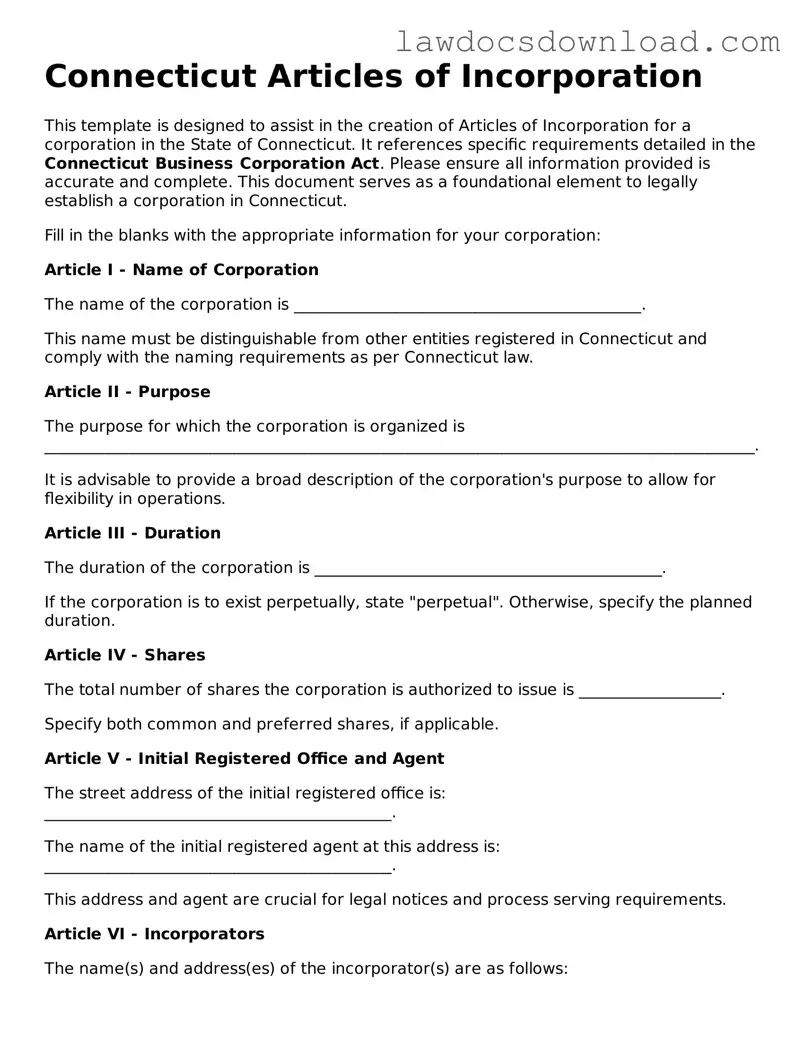 Legal Connecticut Articles of Incorporation Form