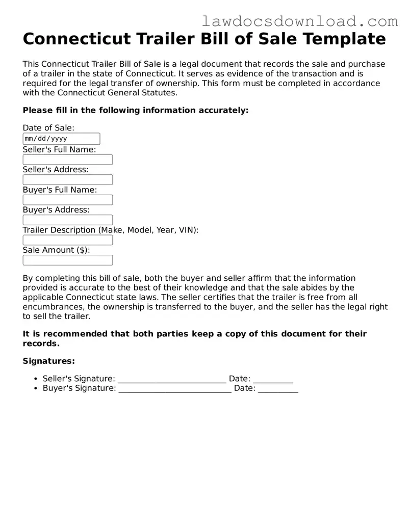 Legal Connecticut Trailer Bill of Sale Form