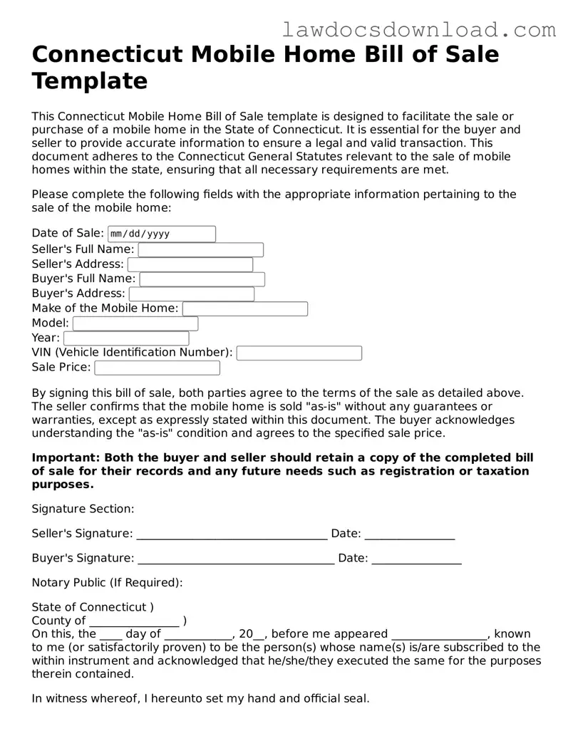 Legal Connecticut Mobile Home Bill of Sale Form