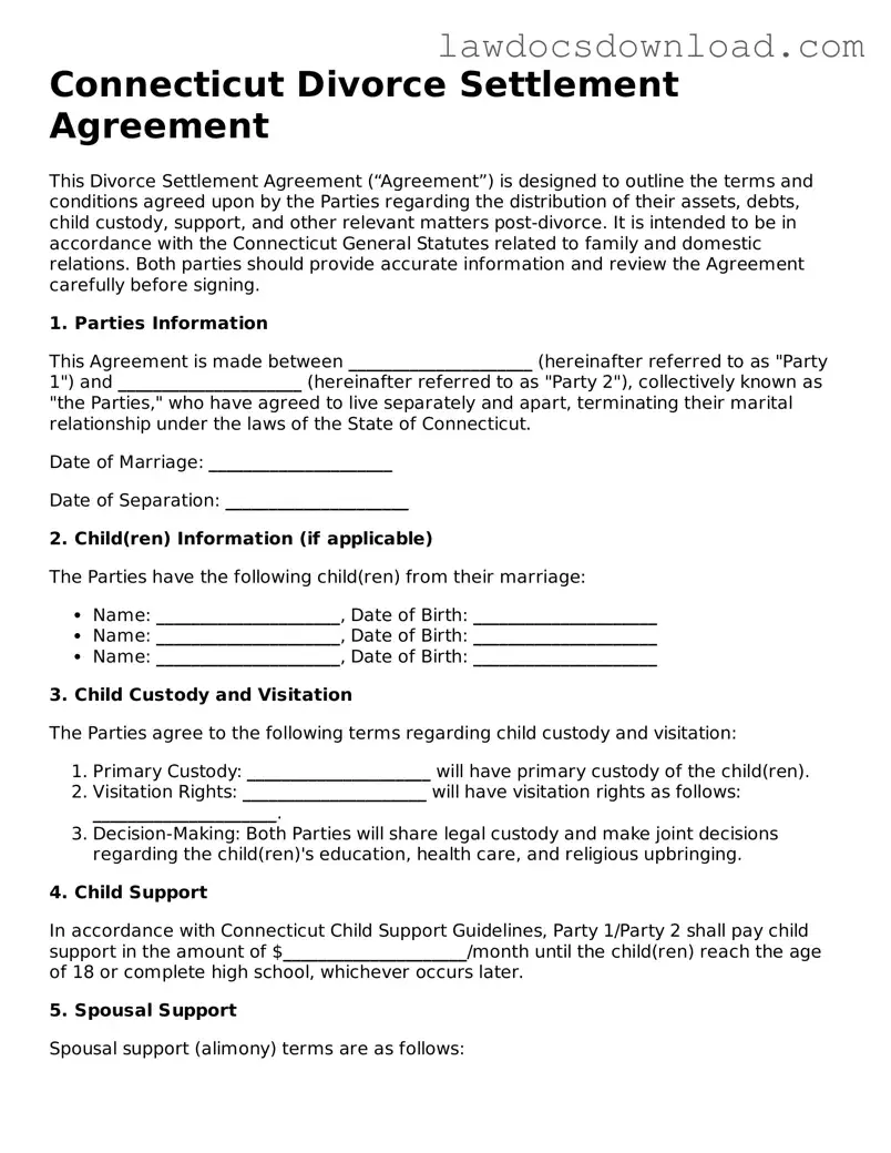 Legal Connecticut Divorce Settlement Agreement Form