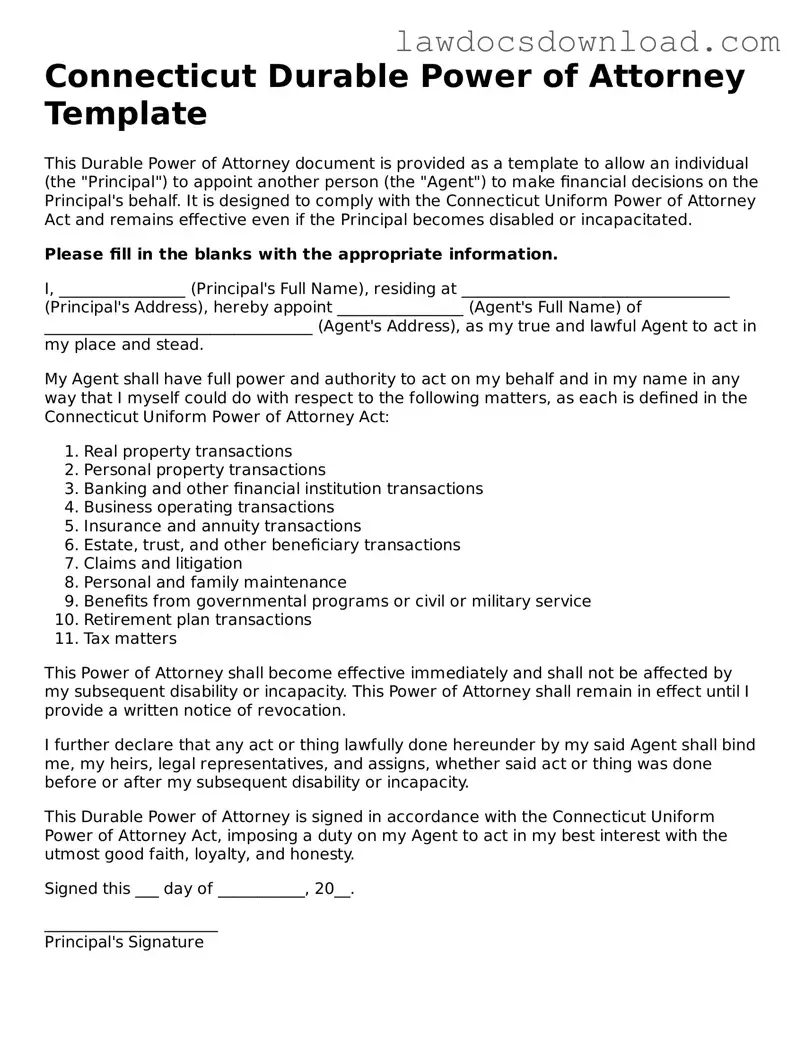Legal Connecticut Durable Power of Attorney Form
