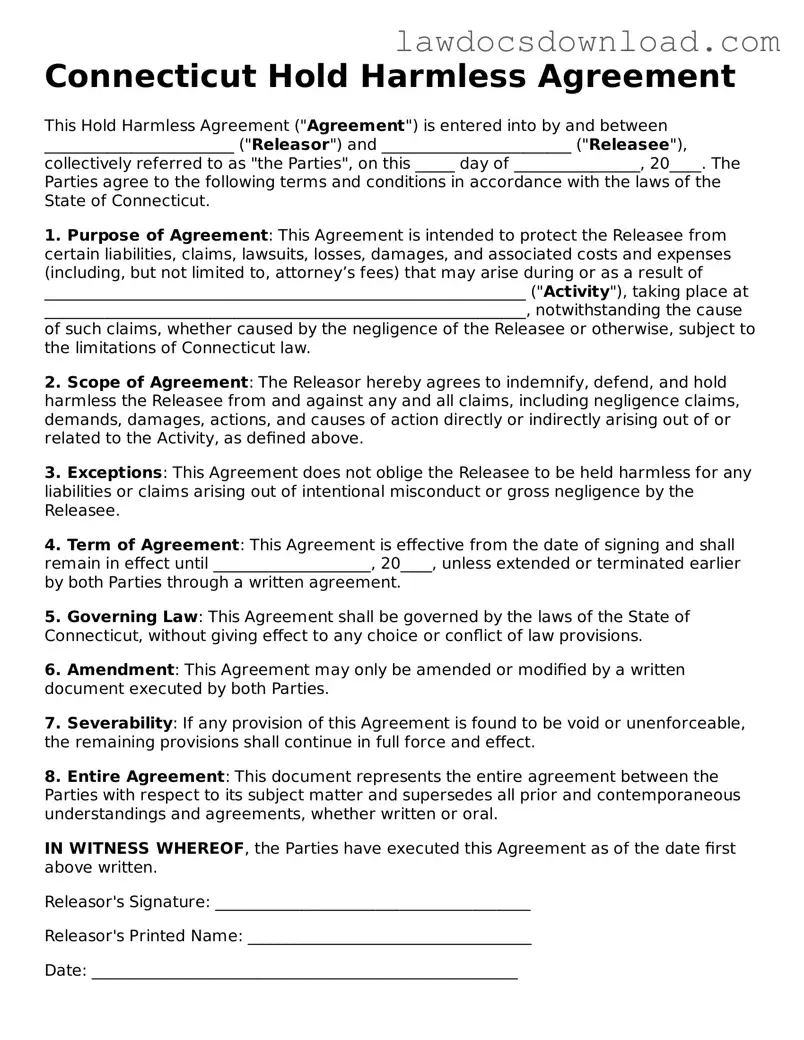 Legal Connecticut Hold Harmless Agreement Form
