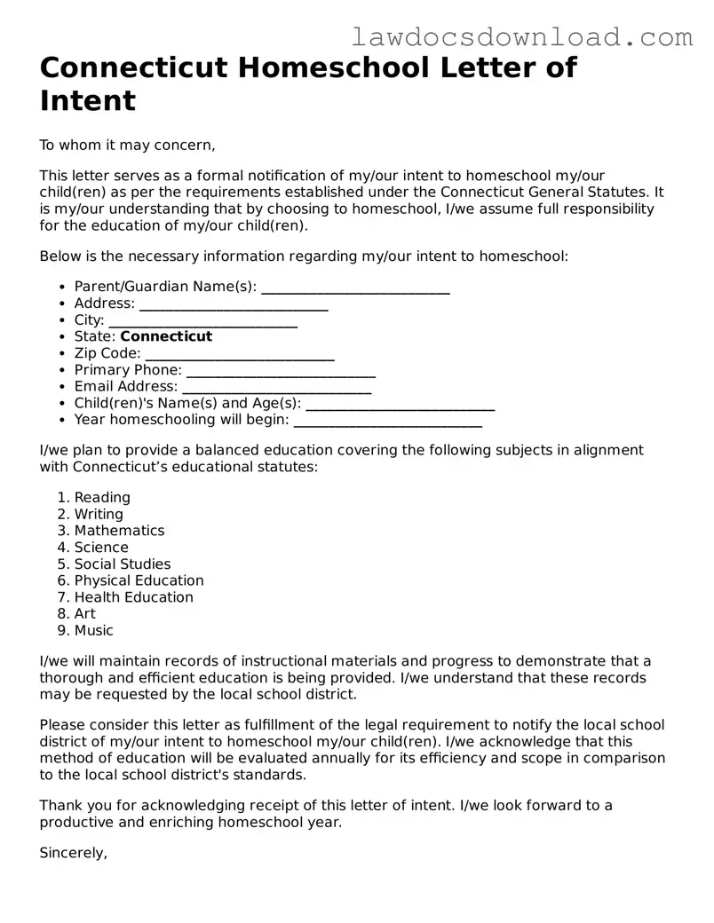 Legal Connecticut Homeschool Letter of Intent Form