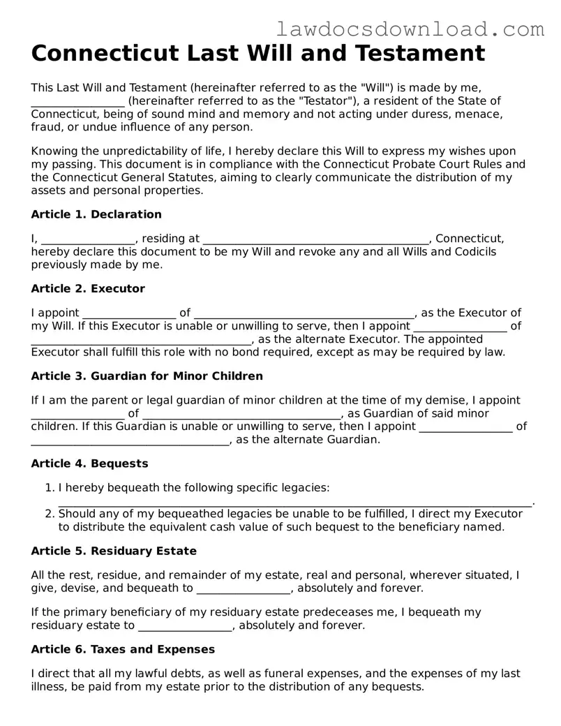 Legal Connecticut Last Will and Testament Form