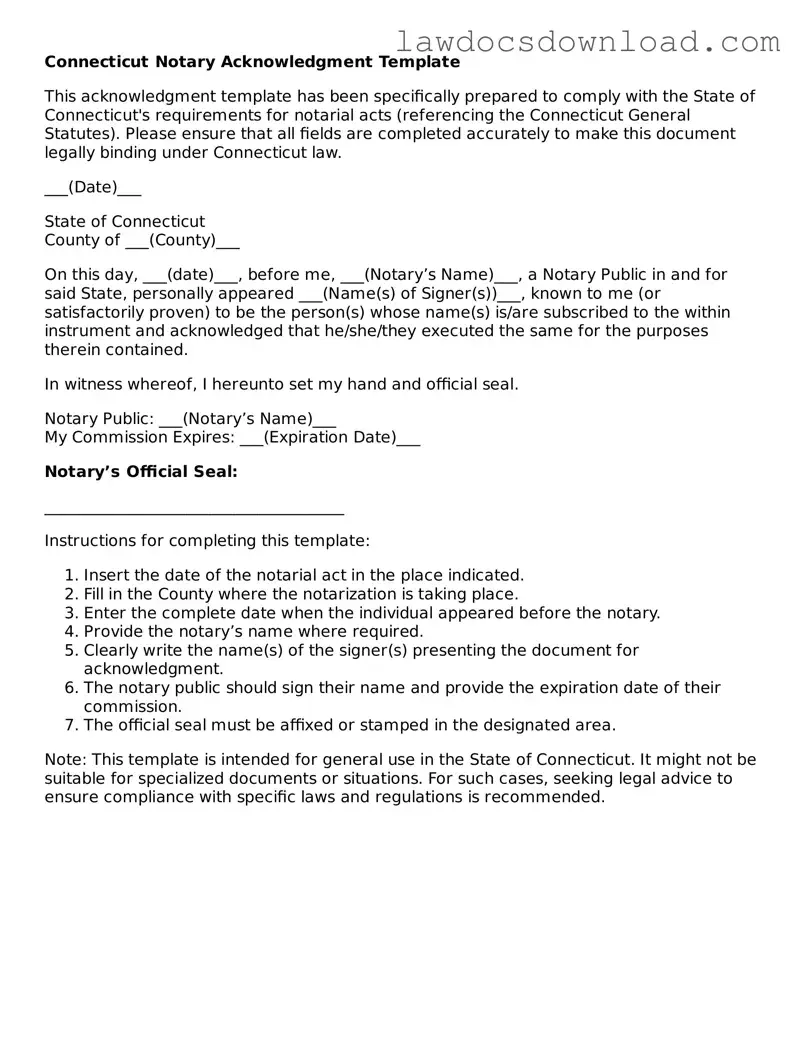 Legal Connecticut Notary Acknowledgement Form
