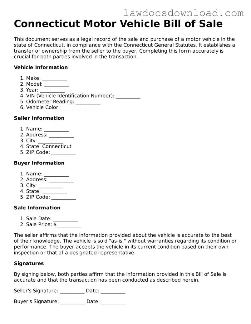 Legal Connecticut Motor Vehicle Bill of Sale Form