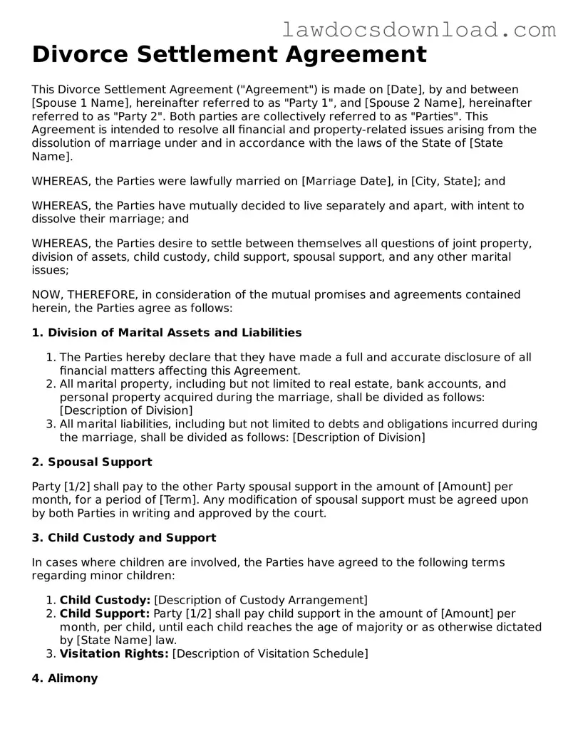 Blank Divorce Settlement Agreement Template