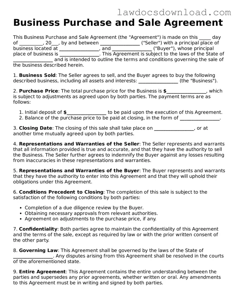 Blank Business Purchase and Sale Agreement Template