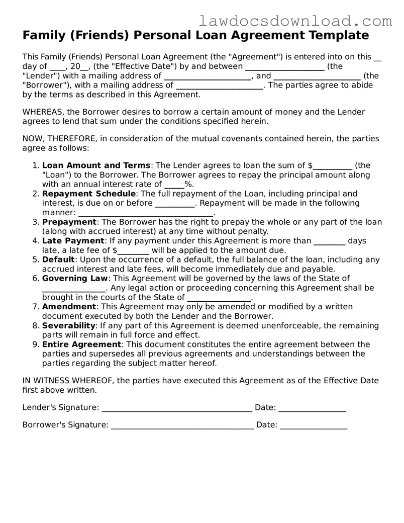 Blank Family (Friends) Personal Loan Agreement Template