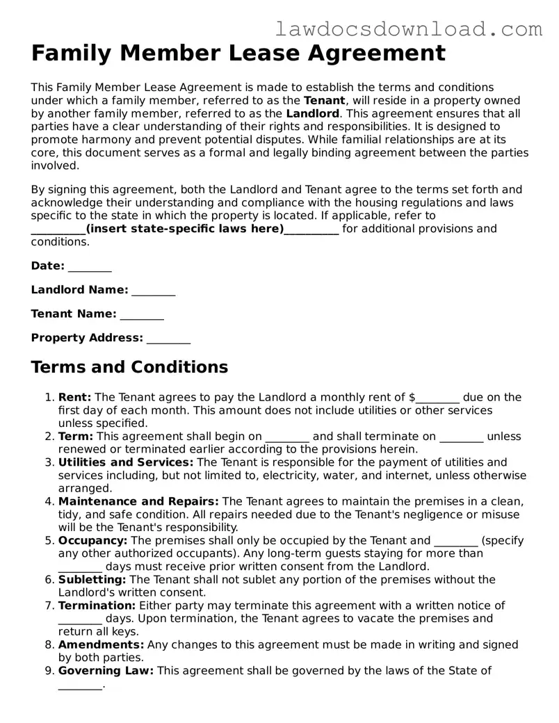Blank Family Member Lease Agreement Template