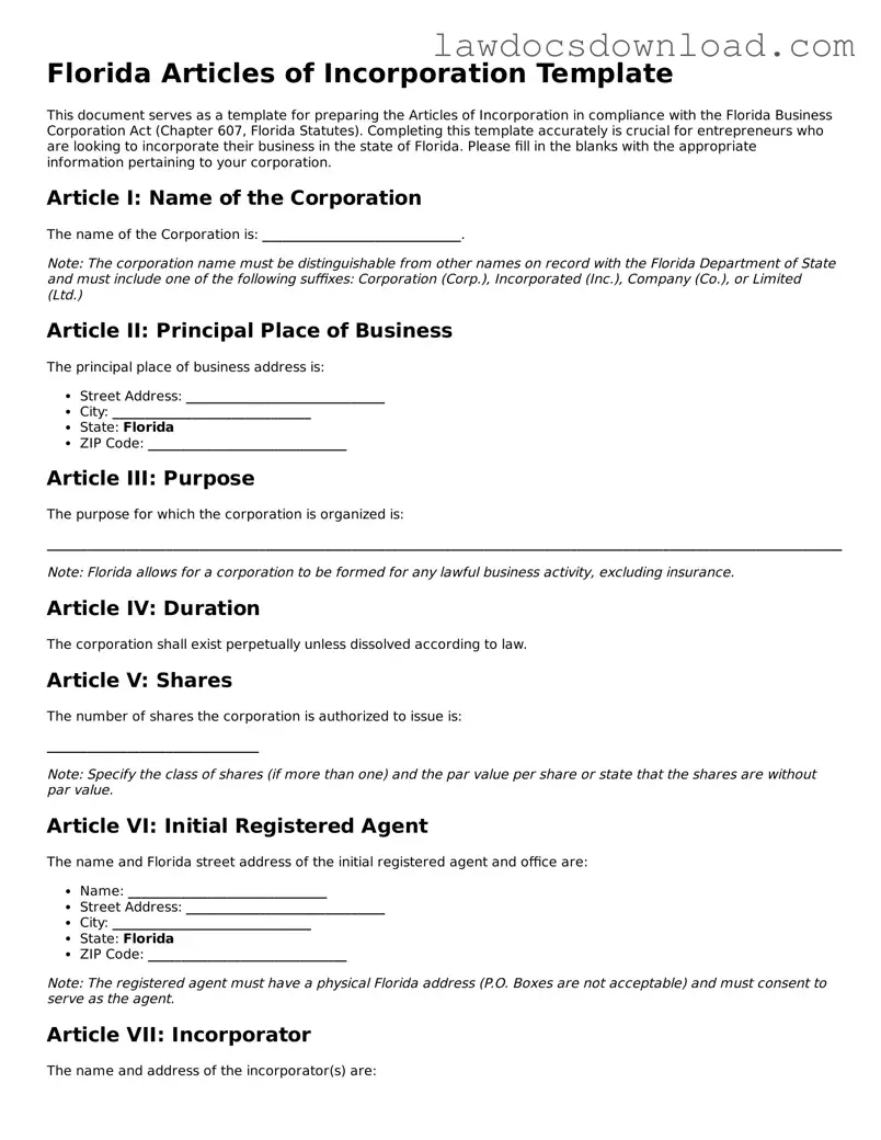 Legal Florida Articles of Incorporation Form