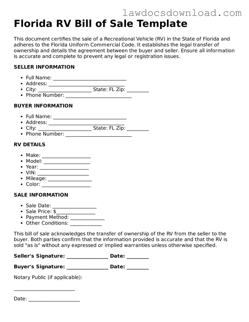 Legal Florida RV Bill of Sale Form