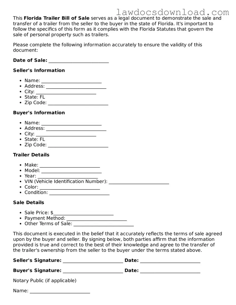 Legal Florida Trailer Bill of Sale Form