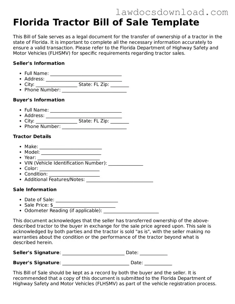 Legal Florida Tractor Bill of Sale Form