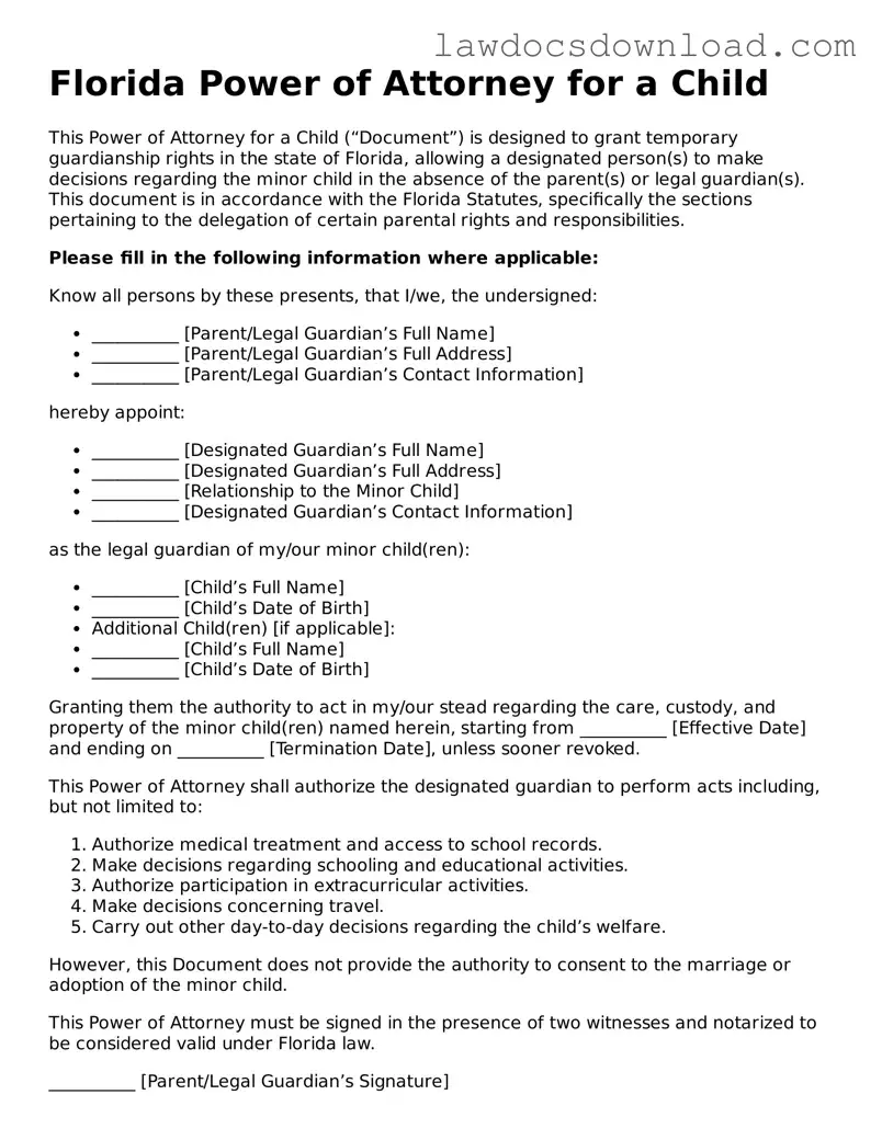 Legal Florida Power of Attorney for a Child Form