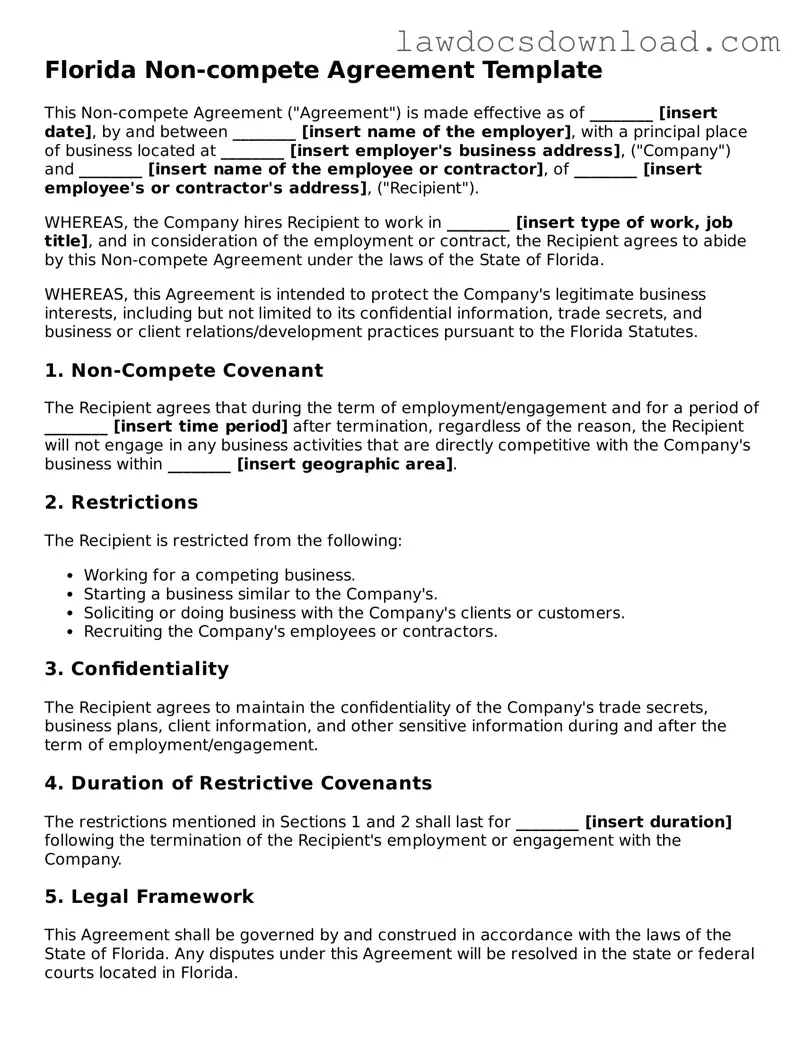 Legal Florida Non-compete Agreement Form