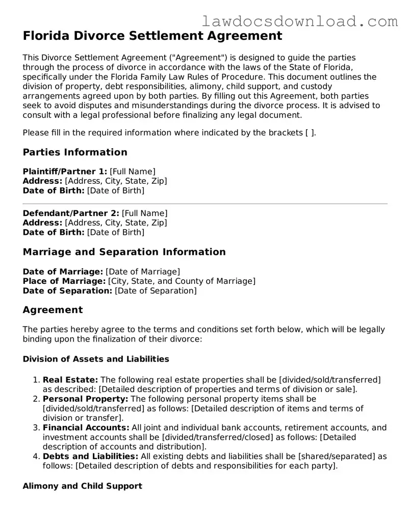 Legal Florida Divorce Settlement Agreement Form