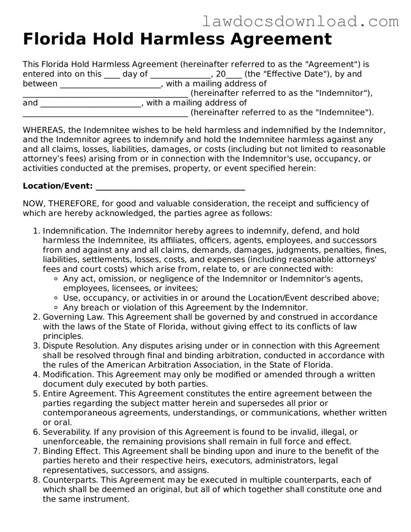 Legal Florida Hold Harmless Agreement Form