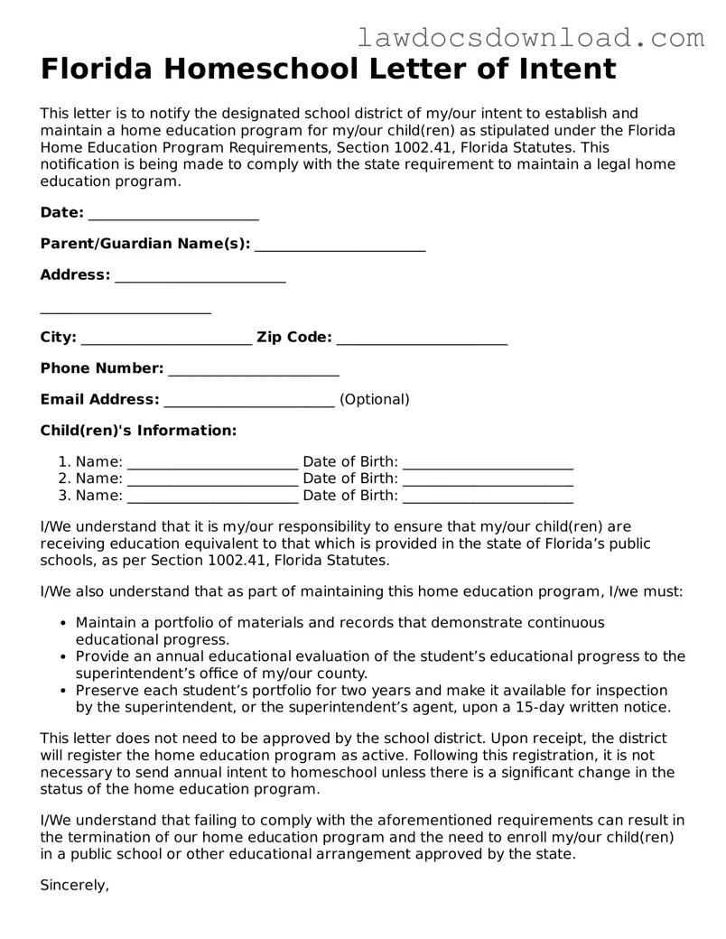Legal Florida Homeschool Letter of Intent Form