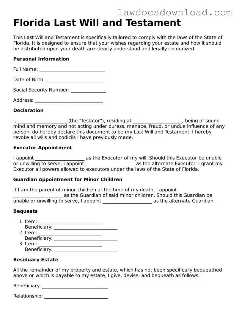 Legal Florida Last Will and Testament Form