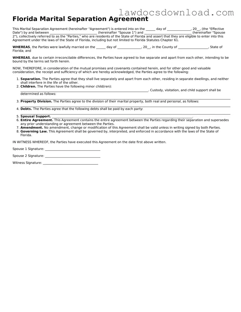 Legal Florida Marital Separation Agreement Form
