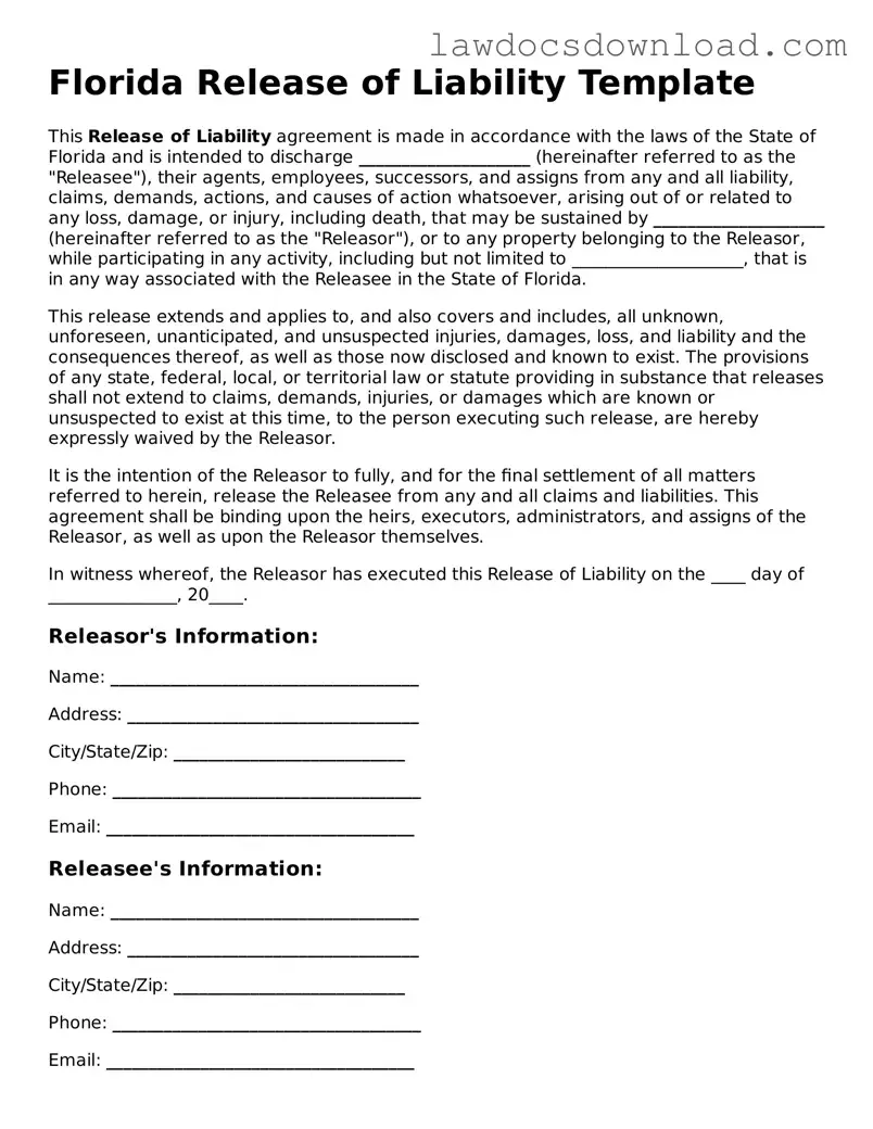 Legal Florida Release of Liability Form