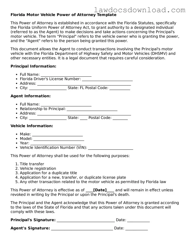 Legal Florida Motor Vehicle Power of Attorney Form