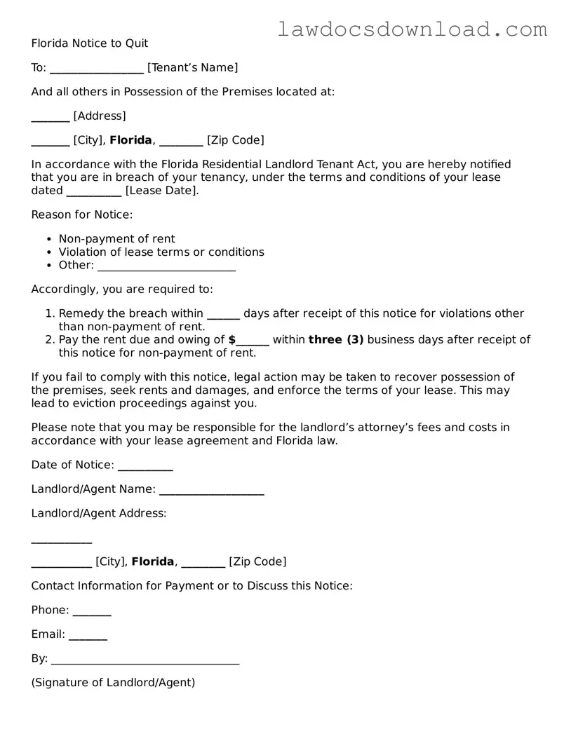 Legal Florida Notice to Quit Form