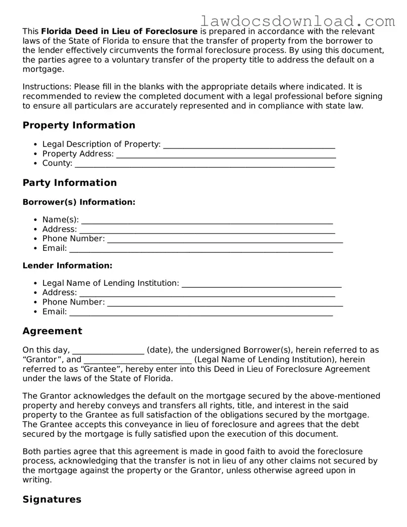 Legal Florida Deed in Lieu of Foreclosure Form
