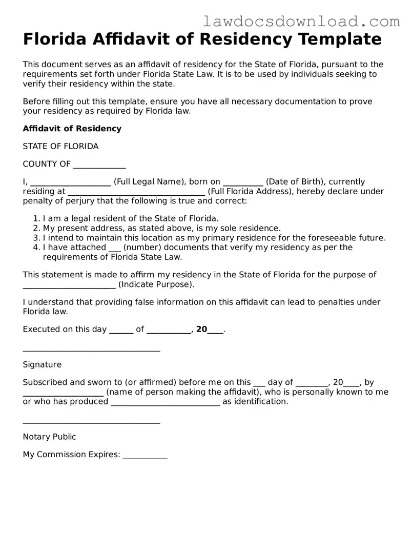 Legal Florida Affidavit of Residency Form