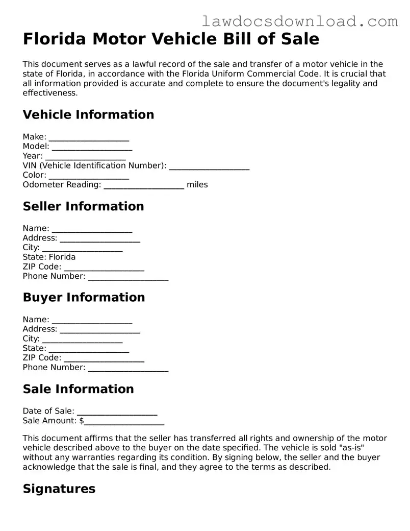 Legal Florida Motor Vehicle Bill of Sale Form