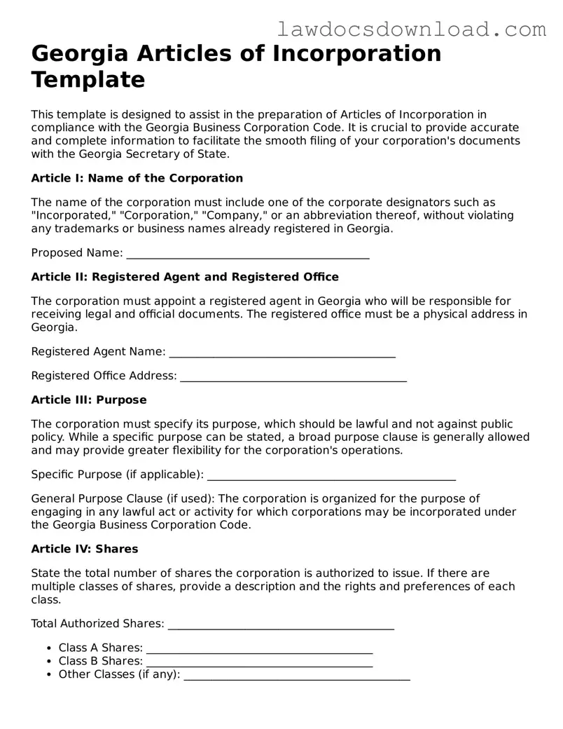 Legal Georgia Articles of Incorporation Form