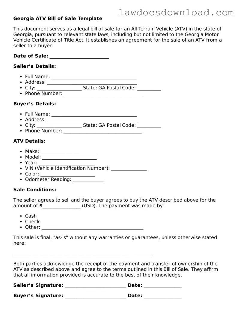 Legal Georgia ATV Bill of Sale Form