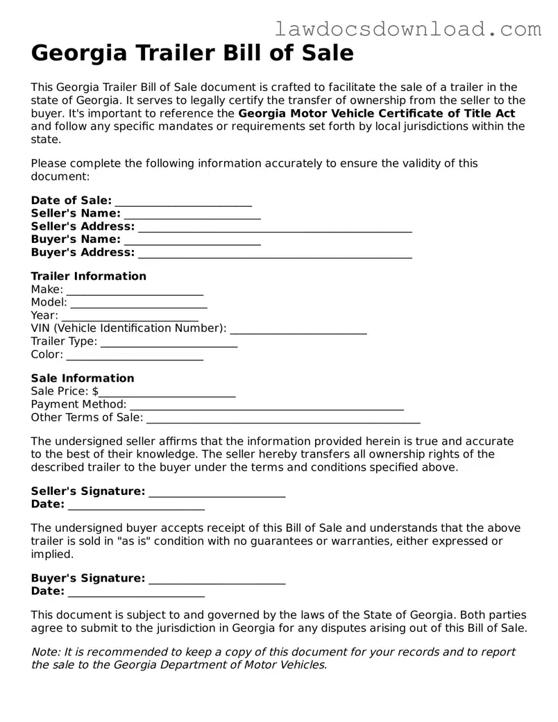 Legal Georgia Trailer Bill of Sale Form