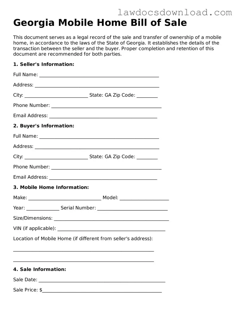 Legal Georgia Mobile Home Bill of Sale Form