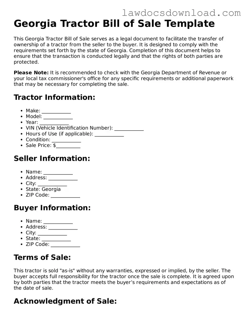Legal Georgia Tractor Bill of Sale Form