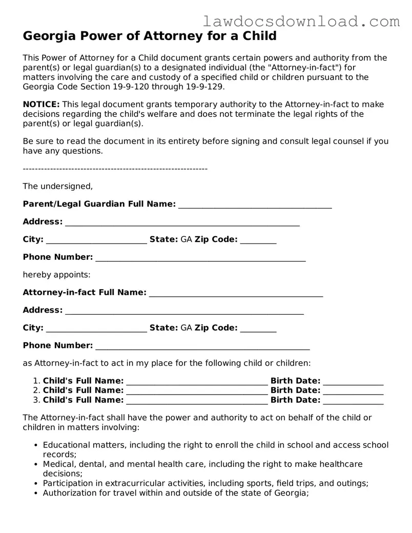Legal Georgia Power of Attorney for a Child Form