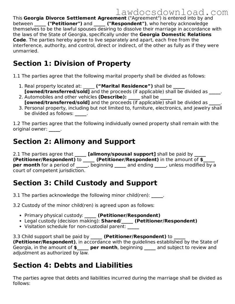 Legal Georgia Divorce Settlement Agreement Form