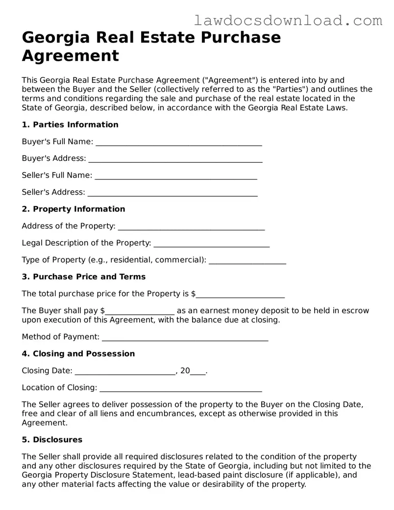 Legal Georgia Real Estate Purchase Agreement Form